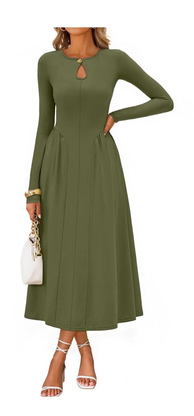 MEROKEETY Women’s Olive Green Long Sleeve A-Line Midi Dress Small